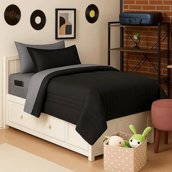 Reusable Dorm Room Essentials Twin XL Comforter Set Bedding – Bundle with Comforter Mattress Protector amp Sheets with Pockets on the Side amp Built-in Corner Strap – Media Pocket for Devices Verified