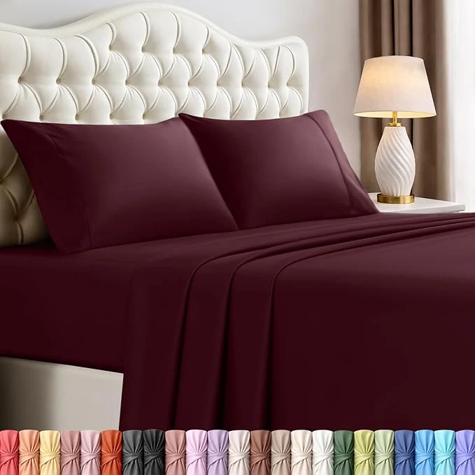 Fine Utopia Bedding California King Size Sheet Set – 4 Piece Bed Sheets Soft and Breathable Microfiber Includes 1 Fitted Sheet 1 Flat Sheet and 2 Pillowcases – Oeko Tex Burgundy Lightweight