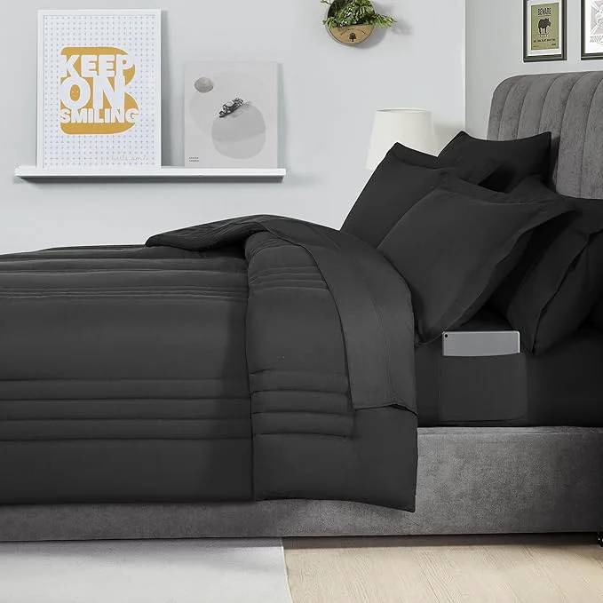 Easy-to-Use Queen Comforter Set Quilted Stripe Bedding Bundle – Comforter Mattress Protector Sheets with Pockets on the Side amp Built-in Corner Strap – Fitted Sheet Media Pocket for Devices Black Expertly Made
