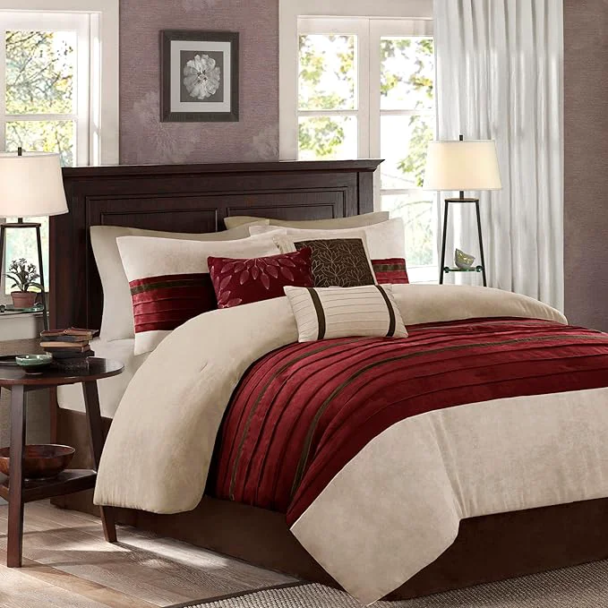 Lightweight Madison Park Palmer Comforter Set-Luxury Faux Suede Design Striped Accent All Season Down Bedding Matching Shams Decorative Pillow Bed Skirt King 104 in x 92 in Red 7 Piece Practical