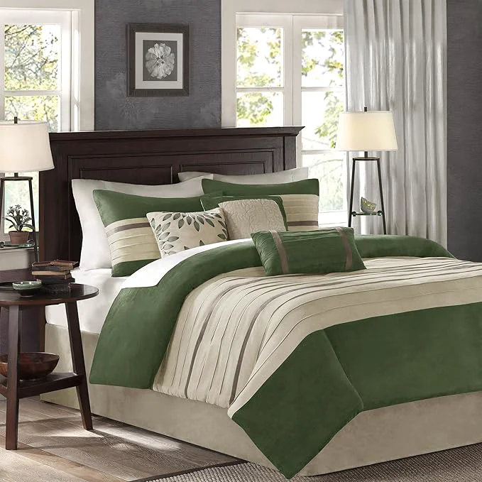Enhanced Madison Park Palmer Comforter Set-Luxury Faux Suede Design Striped Accent All Season Down Bedding Matching Shams Decorative Pillow Bed Skirt King 104 in x 92 in Green 7 Piece High-End