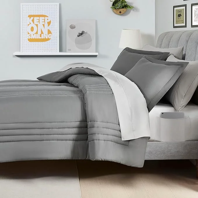Unique Full Size Comforter Set Quilted Stripe Bedding Bundle – Comforter Mattress Protector Sheets with Pockets on the Side amp Built-in Corner Strap – Fitted Sheet Media Pocket for Devices Gray Silver Safe