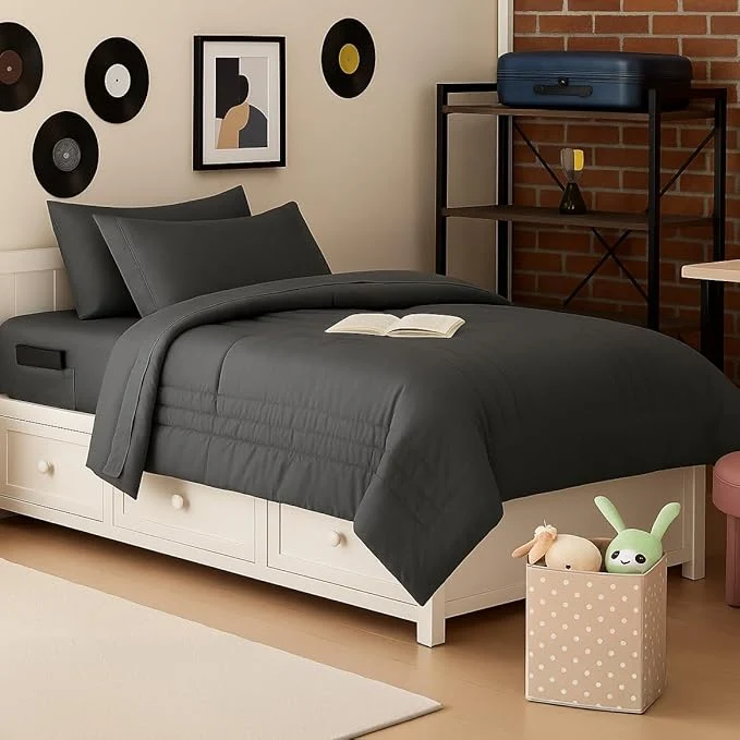 Solid Twin Size Comforter Set Quilted Stripe Bedding Bundle – Comforter Mattress Protector Sheets with Pockets on the Side amp Built-in Corner Strap – Fitted Sheet Media Pocket for Devices Charcoal Specialty
