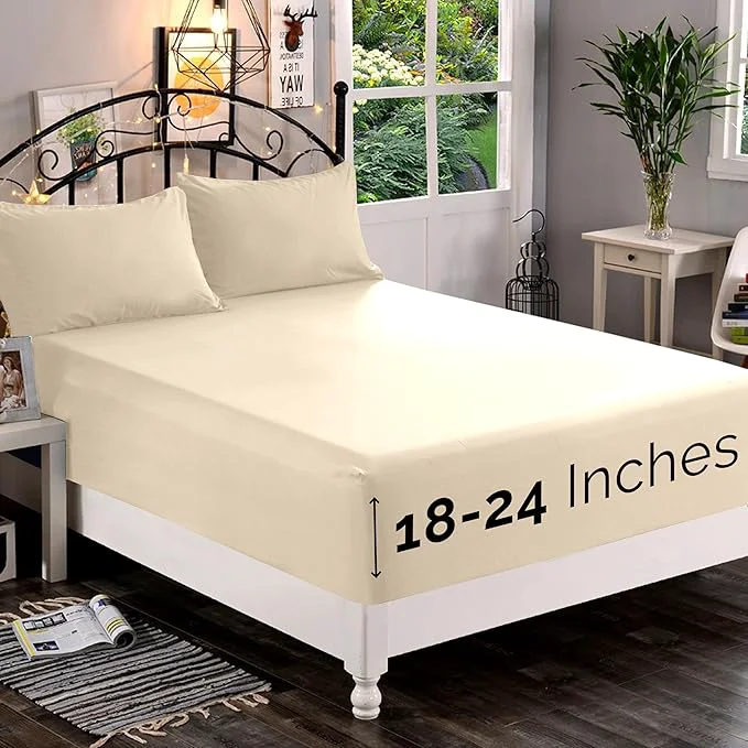 Elegant Comfort 1500 Premium Quality Fitted Sheet Ultra Soft 18-24 Inch Extra Deep Pocket – Single Fitted Sheet for High Mattress – Wrinkle with Smart Storage Pockets Queen Cream Reusable