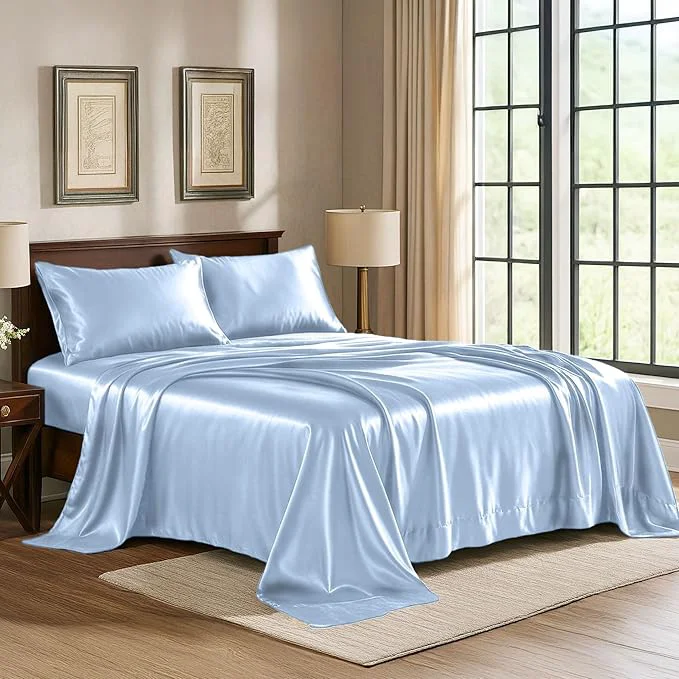 World-Class Pure Bedding Satin Sheets California King 4-Piece Baby Blue Hotel Luxury Silky Bed Sheets – Extra Soft Microfiber Sheet Set Wrinkle Resistant – Deep Pocket Fitted Sheet Flat Sheet Pillow Cases Minimalist