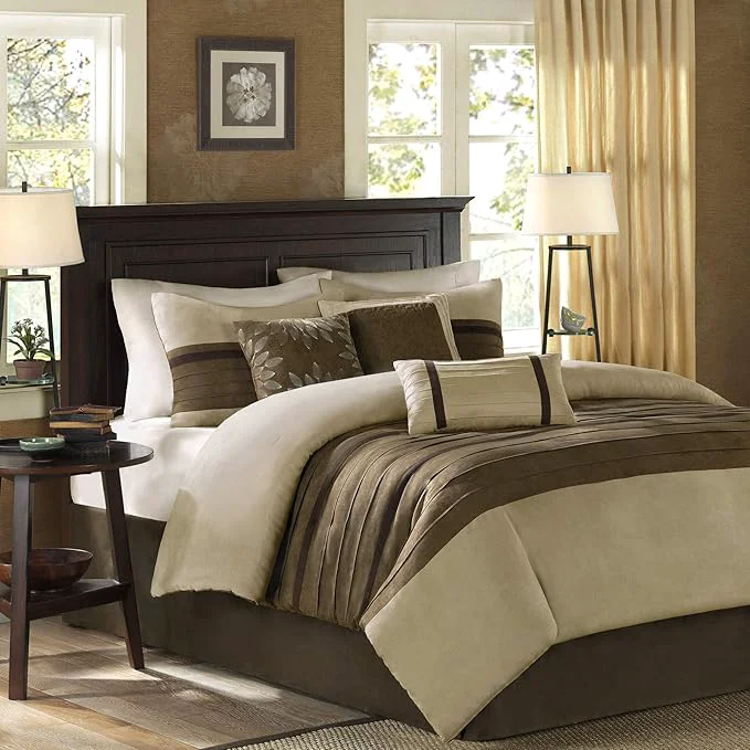 Organic Madison Park Cozy Comforter Set-Luxury Faux Suede Design Striped Accent All Season Down Bedding Matching Shams Decorative Pillow Natural California King 104 in x 92 in Exclusive