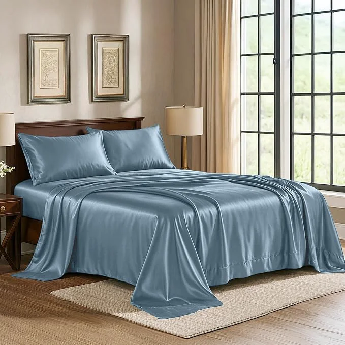 Enhanced Satin Sheets Full 4-Piece Skyblue Hotel Luxury Silky Bed Sheets – Extra Soft 1800 Microfiber Sheet Set Wrinkle Fade Stain Resistant – Deep Pocket Fitted Sheet Flat Sheet Pillow Cases Effective