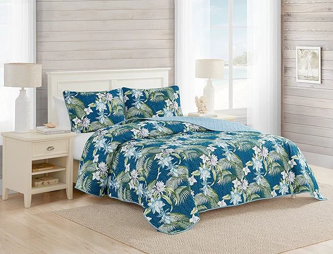First-Class Tommy Bahama – Queen Quilt Set Reversible Cotton Bedding with Matching Shams Breathable Bedding Set for All Seasons Southern Breeze Dark Blue Queen Flexible