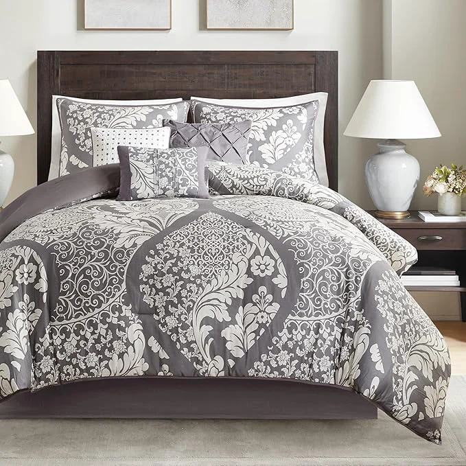 Practical Madison Park Vienna Sateen Cotton Comforter Set Breathable Soft Cover Trendy All Season Down Cozy Bedding with Matching Shams King Grey 7 Piece Official