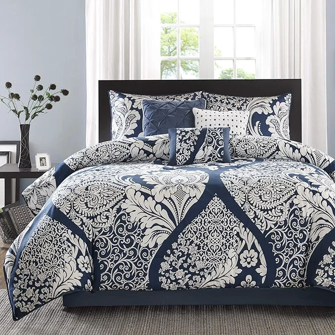 Carefully Designed Madison Park Vienna Sateen Cotton Comforter Set Breathable Soft Cover Trendy All Season Down Cozy Bedding with Matching Shams Queen Indigo 7 Piece Fast