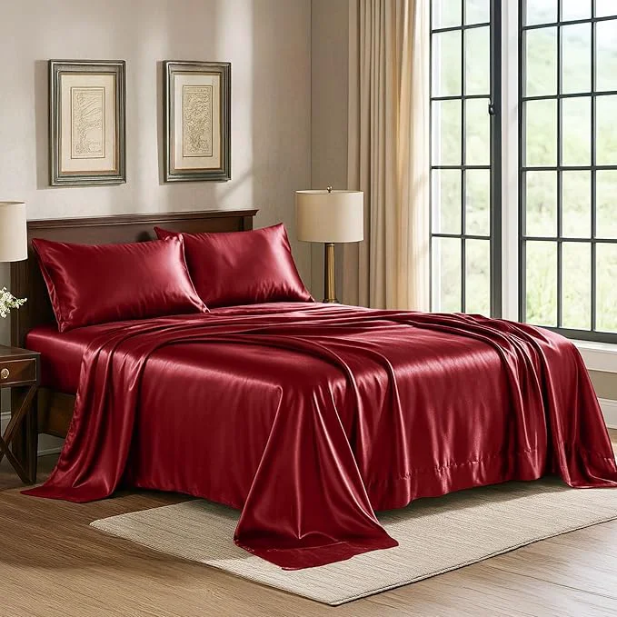 Enhanced Satin Sheets Twin 3-Piece Burgundy Hotel Luxury Silky Bed Sheets – Extra Soft 1800 Microfiber Sheet Set Wrinkle Fade Stain Resistant – Deep Pocket Fitted Sheet Flat Sheet Pillow Cases Official