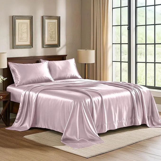 Premium Satin Sheets King 4-Piece Champagne Pink Hotel Luxury Silky Bed Sheets – Extra Soft 1800 Microfiber Sheet Set Wrinkle Fade Stain Resistant – Deep Pocket Fitted Sheet Flat Sheet Pillow Cases Enhanced