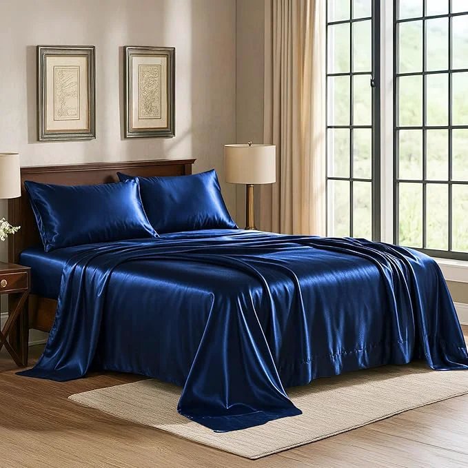 Specialty Pure Bedding Satin Sheets Full 4-Piece Navy Hotel Luxury Silky Bed Sheets – Extra Soft 1800 Microfiber Sheet Set Wrinkle Fade Deep Pocket Fitted Sheet Flat Sheet Pillow Cases Clean
