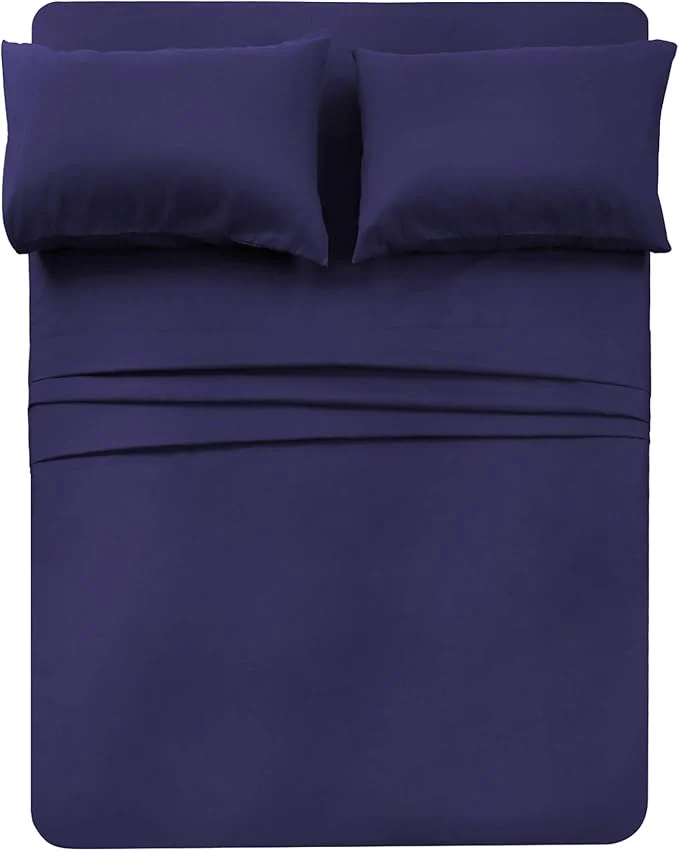 Relaxed 4 Piece Bed Sheet Set Queen Blue 1 Flat Sheet 1 Fitted Sheet and 2 Pillow Cases Brushed Microfiber Luxury Bedding with Deep Pockets Original