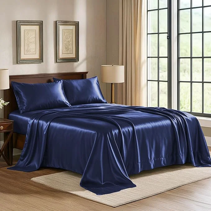 Proven Pure Bedding Satin Sheets Twin Hotel Luxury Silky Bed Sheets – Extra Soft 1800 Microfiber Sheet Set Wrinkle Stain Resistant – Deep Pocket Fitted Flat Sheet Pillow Cases 3-Piece Midnight Blue Original Design