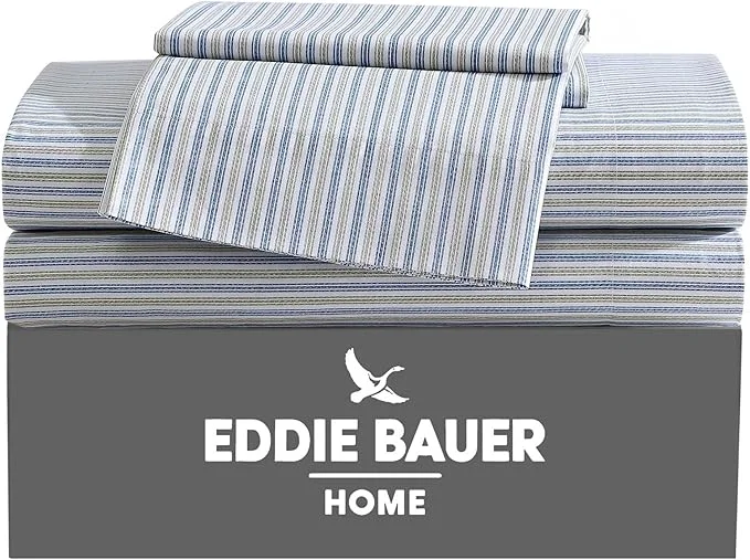 Comfortable Eddie Bauer – King Sheets Cotton Percale Bedding Set Crisp amp Cool Home Decor Ticking Stripe Navy Green King Fast