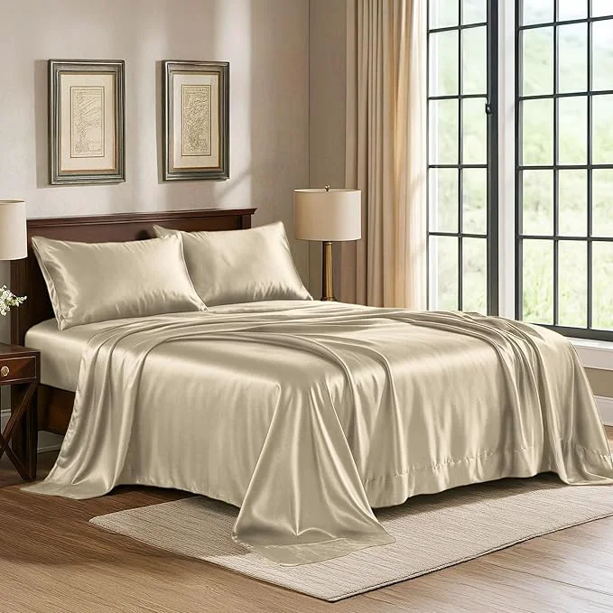 Premium Material Satin Sheets Full 4-Piece Champagne Gold Hotel Luxury Silky Bed Sheets – Extra Soft 1800 Microfiber Sheet Set Wrinkle Fade Stain Resistant – Deep Pocket Fitted Sheet Flat Sheet Pillow Cases Easy-to-Use