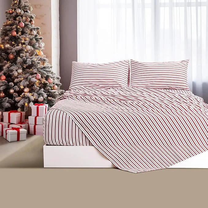 Dependable Season Burgundy Red Striped Sheets Set Twin Size 3 Piece – Super Soft Easy Care amp Breathable Red and White Pinstripe Bed Sheet Set with 16-Inch Deep Pockets Great Gift for Christmas amp Birthday Organic