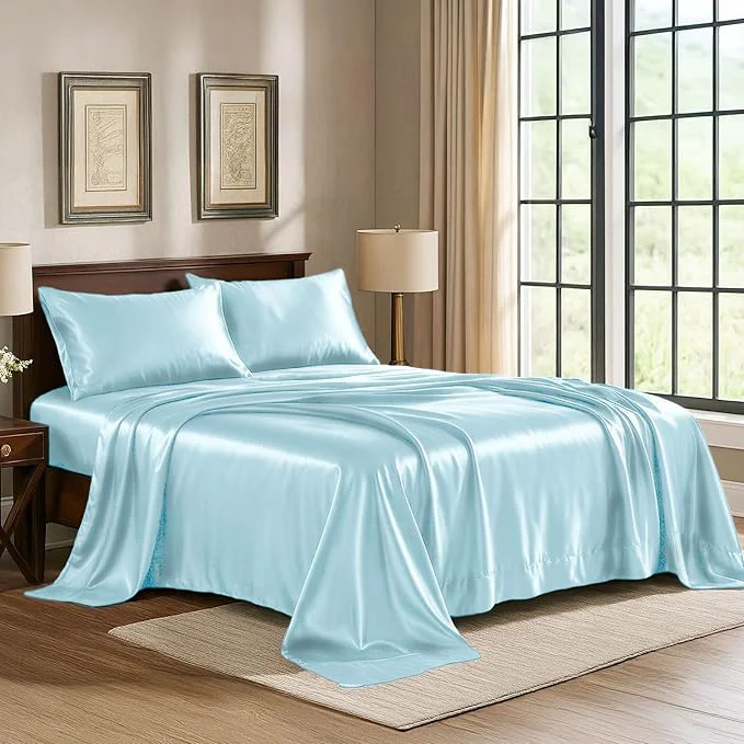 Proven Satin Sheets California King 4-Piece Skyblue Luxury Silky Bed Sheets – Extra Soft 1800 Microfiber Sheet Set Wrinkle Fade Stain Resistant – Deep Pocket Fitted Sheet Flat Sheet Pillow Cases High-Grade