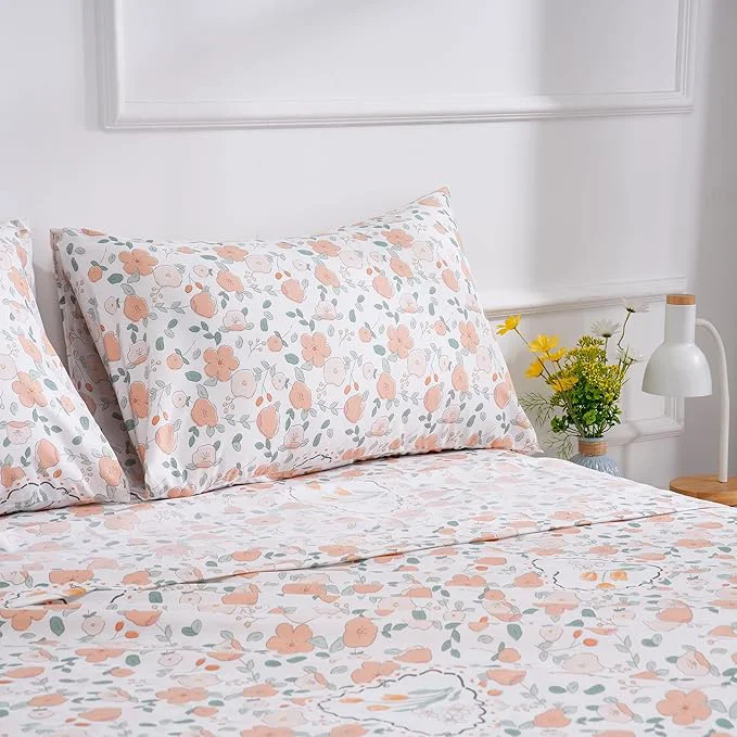 Crafted Floral Printed Twin Size Sheet Set – Silky Soft Microfiber Wrinkle and Luxurious Bed Sheets – Includes Flat Sheet Fitted Sheet and Pillowcases – Orange Full Size High-End