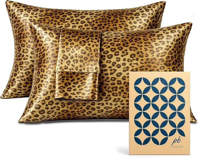 High-Performance Pure Bedding Satin Pillowcase 2 Pack – Queen Size 20 quot x30 quot Gold Leopard – Silky Pillow Cases for Hair and Skin – Satin Pillow Covers with Envelope Closure – Extra Soft Premium Microfiber Exceptional