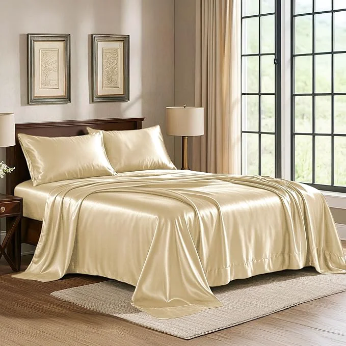 World-Class Satin Sheets Queen 4-Piece Ivory Hotel Luxury Silky Bed Sheets – Extra Soft 1800 Microfiber Sheet Set Wrinkle Fade Stain Resistant – Deep Pocket Fitted Sheet Flat Sheet Pillow Cases Stylish