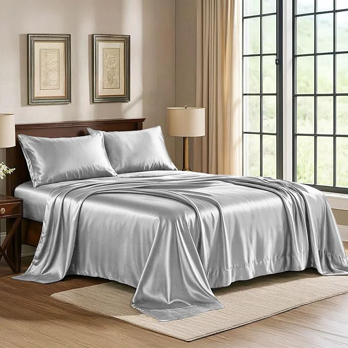 Satin Sheets Queen 4-Piece Grey Hotel Luxury Silky Bed Sheets – Extra Soft 1800 Microfiber Sheet Set Wrinkle Fade Stain Resistant – Deep Pocket Fitted Sheet Flat Sheet Pillow Cases Selected