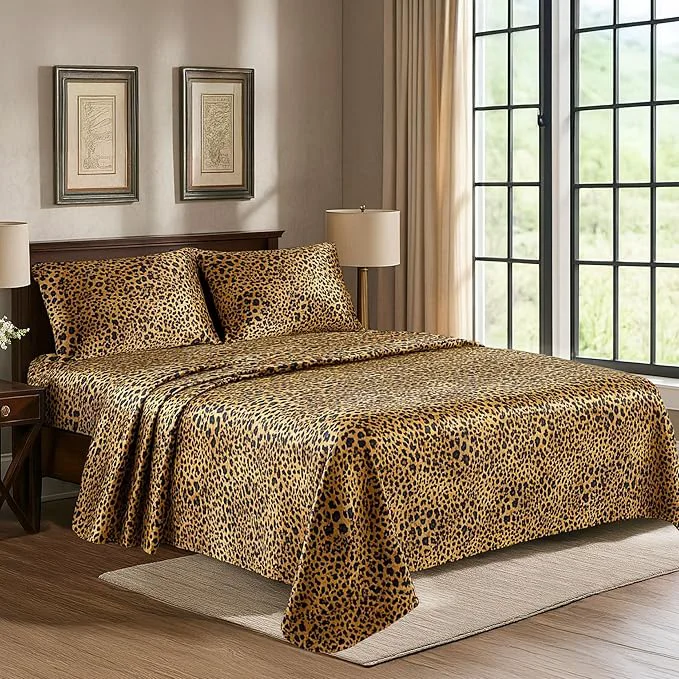 Casual Satin Sheets King 4-Piece Gold Leopard Hotel Luxury Silky Bed Sheets – Extra Soft 1800 Microfiber Sheet Set Wrinkle Fade Stain Resistant – Deep Pocket Fitted Sheet Flat Sheet Pillow Cases Prestigious