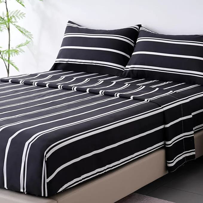 Luxury Season Black and White Striped Bed Sheets Queen Size 4 Piece Ultra Soft Stripe Sheet Set – Deep Pocket Fade amp Wrinkle Resistant Bedding Set Black amp White
