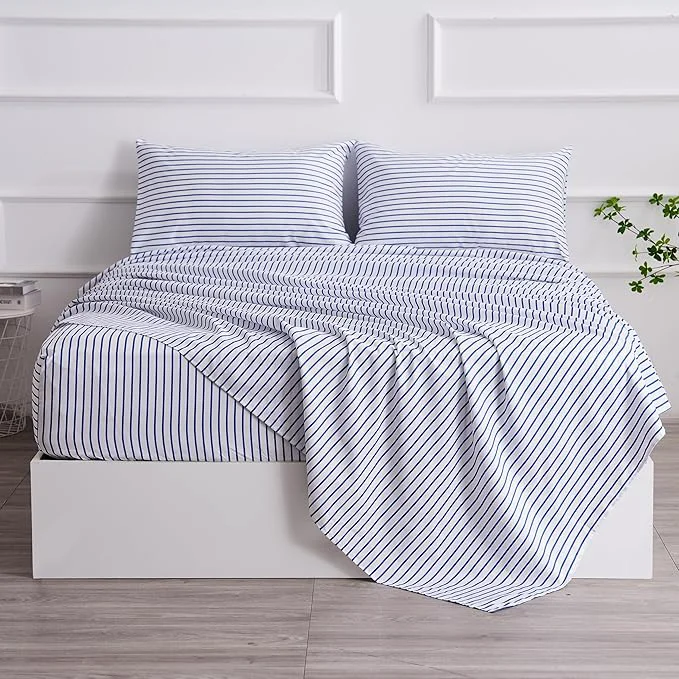 Powerful Queen Blue Striped Bed Sheet Set 4 Piece with 16-Inch Deep Pockets- Super Soft amp Wrinkle Stripe Bed Sheets – Hotel Luxury Blue White Striped Pinstripe Bedding for All Season Crafted