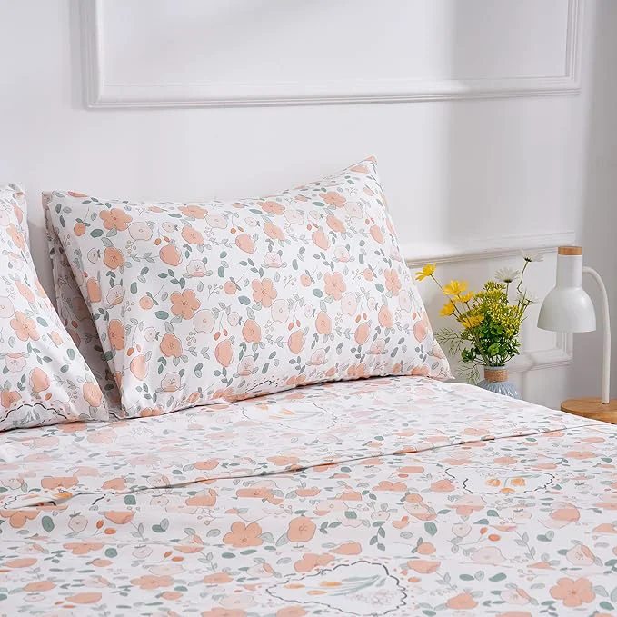 Minimalist Spring Floral Printed Sheet Set Full Size 4 Piece Soft Botanical Microfiber Sheets and Pillowcases – Deep Pocket Wrinkle and Soft Bed Sheets Set Bedding Decor Premium Material