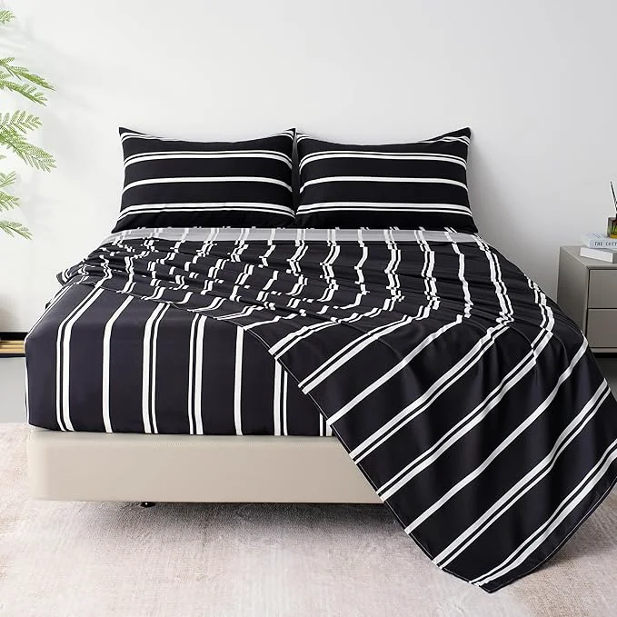 Long-Lasting Season Stripe Bed Sheets Set 4 Piece Super Soft Microfiber Bedding-Deep Pocket Ultra Soft Fade amp Wrinkle Resistant Full Size Black amp White Responsible