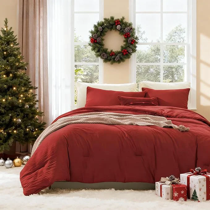 Premium Material WRENSONGE Queen Comforter Set – 3 Pieces Prewashed Bright Red Comforter Soft Lightweight for All Seasons Down Comforters Queen Size with 2 Pillow Shams Long-Lasting