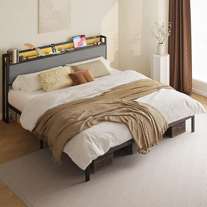 Prestigious LIKIMIO California King Bed Frame with Storage Headboard amp LED Lights Metal Platform Bed with Charging Station Noise No Box Spring Needed Under Bed Storage Charcoal Gray Organic