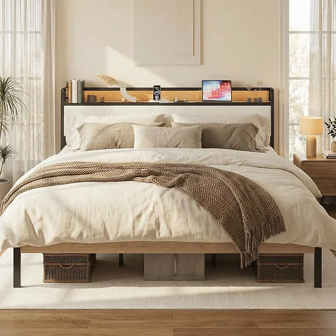 Safe LIKIMIO King Size Bed Frame Storage Headboard with LED Lights and Charging Station Metal Platform Bed No Box Spring Needed Noise Under Bed Storage Natural and Cream Flexible