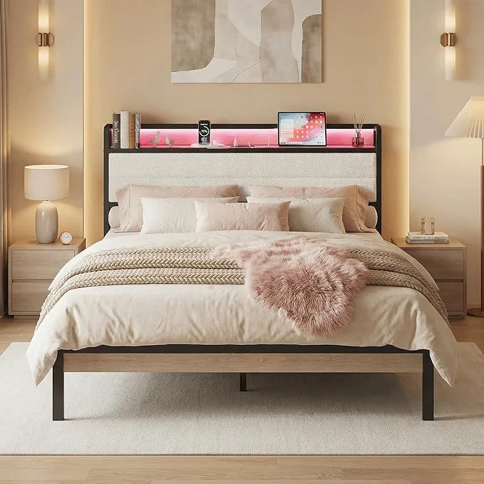 World-Class LIKIMIO Queen Bed Frame with Storage Headboard and LED Lights Metal Platform Bed with Charging Station Noise No Box Spring Needed Under Bed Storage Natural and Cream Luxury