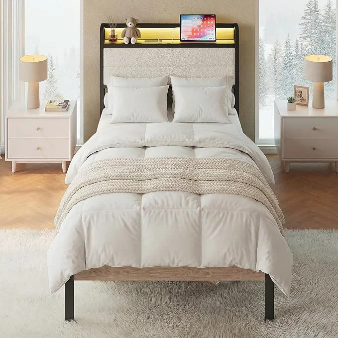 Professional LIKIMIO Twin XL Bed Frame with Storage Headboard and LED Lights Metal Platform Bed with Charging Station Noise No Box Spring Needed Under Bed Storage Natural and Cream Superior