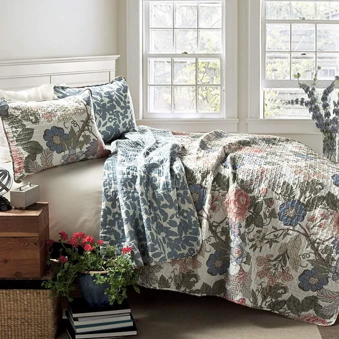 Fine Crafted Lush Decor Sydney Reversible Cotton Quilt Set 3 Piece Set King California King Green amp Blue – Cotton Bedding Set – Blue Floral Quilt – Cottage Decor – Bedding King Size Original