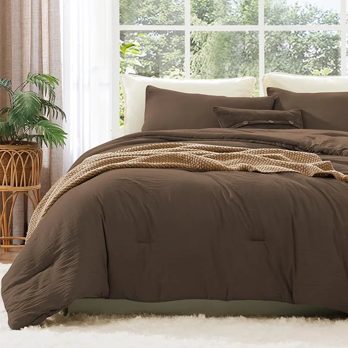 Comfortable WRENSONGE Full Size Comforter Sets – 3 Pieces Chocolate Brown Comforter Prewashed Soft Lightweight for All Seasons Fluffy Down Comforter Full Size with 2 Pillow Shams Detailed