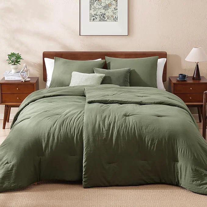 Smart WRENSONGE Double Twin XL Comforter Set – 4 Pieces Prewashed Olive Green Bedding Set for All Seasons Soft Lightweight 2 Comforters 55 quot x 90 quot with 2 Pillow Shams Genuine