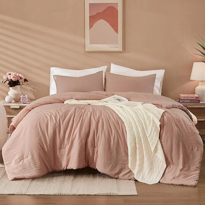 High-Performance WRENSONGE King Size Comforter Set – 3 Pieces Dusty Pink Comforter Prewashed Soft Lightweight for All Seasons Fluffy Down Comforter King Size with 2 Pillow Shams Eco-Friendly