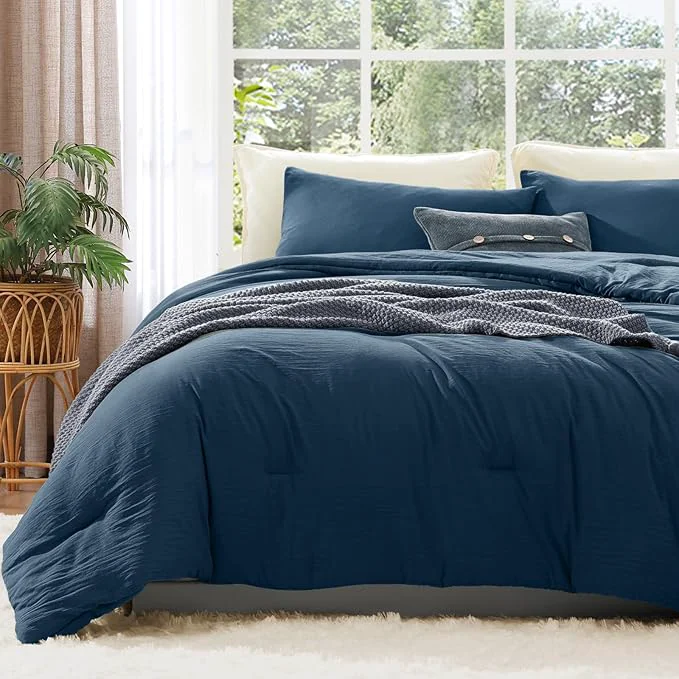 Casual WRENSONGE Queen Comforter Sets – 3 Pieces Prewashed Serenity Blue Comforter Soft Lightweight for All Seasons Down Comforters Queen Size with 2 Pillow Shams Natural