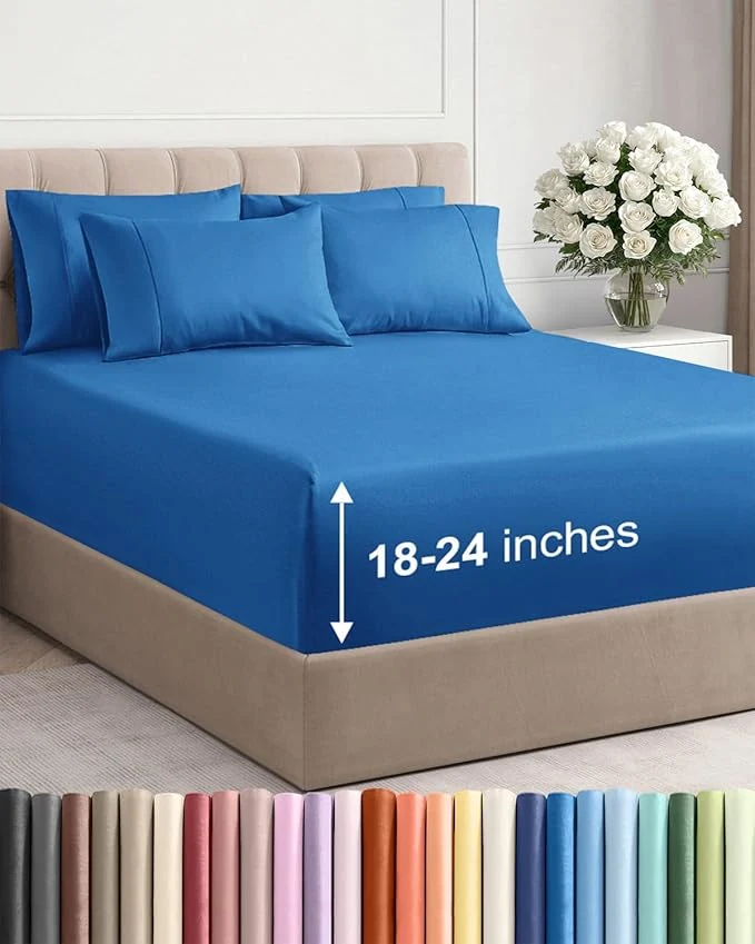 Prestigious Extra Deep Queen Sheet Set – 6 Piece Breathable and Cooling Sheets – Hotel Luxury Bedding for Women Men Kids amp Teens – Easy Secure Fit – Soft Wrinkle amp Comfy – Extra Deep Pockets – Royal Blue