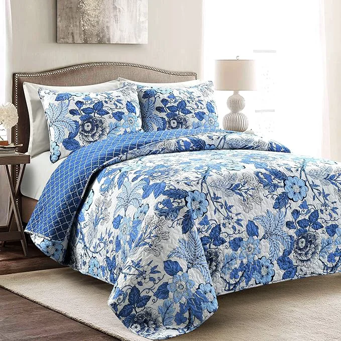 Fashionable Lush Decor Sydney Reversible Cotton Quilt Set 3 Piece Set King Navy amp White – Cotton Bedding Set – Navy Floral Quilt – Cottage Decor – Bedding King Size Classic