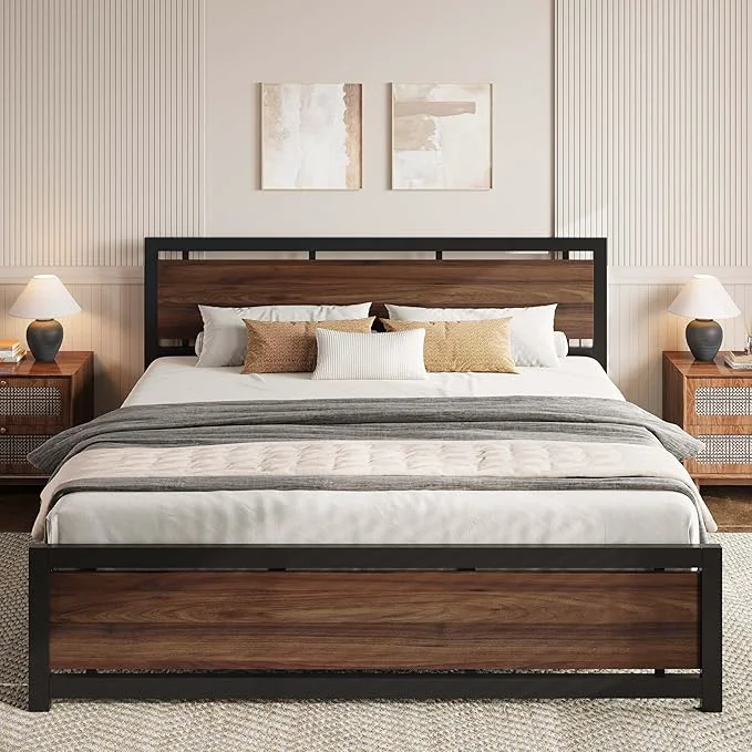 First-Class LIKIMIO California King Bed Frame with Headboard and Footboard Metal Strong Supports Easy Assembly Noise- No Box Spring Needed Dark Walnut Green