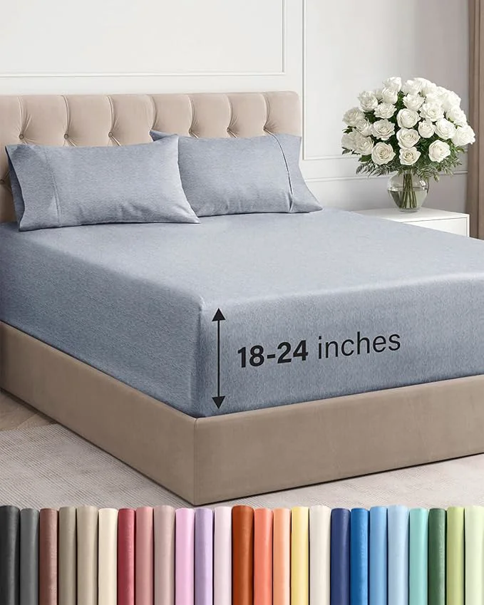 Comfortable Extra Deep Twin Sheet Set – 4 Piece Breathable and Cooling Sheets – Hotel Luxury Bedding for Women Men Kids amp Teens – Easy amp Secure Fit – Soft and Wrinkle – Extra Deep Pockets – Heathered Blue Selected