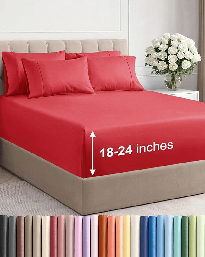 Extra Deep Cal King Sheet Set – 6 Piece Breathable and Cooling Sheets – Hotel Luxury Bedding for Women Men Kids amp Teens – Easy amp Secure Fit – Soft Wrinkle and Comfy – Extra Deep Pockets – Red Responsible