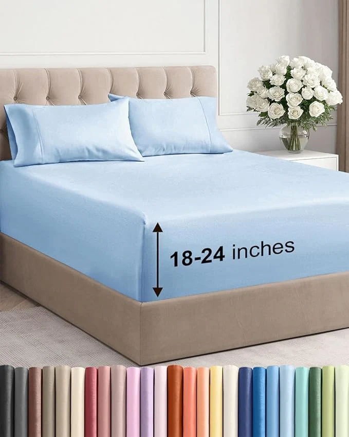 Lightweight Extra Deep Twin Sheet Set – 4 Piece Breathable and Cooling Sheets – Hotel Luxury Bedding for Women Men Kids amp Teens – Easy amp Secure Fit – Soft Wrinkle amp Comfy – Extra Deep Pockets – Light Blue Natural