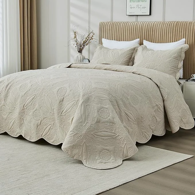 Luxury Kingnex Oversized King Bedspreads 128×120 for Extra Wide Tall King or Cal King Bed Ultrasonic Quilted Coverlet Set 3 Piece Include 1 Quilt 2 Pillowcases Beige Professional