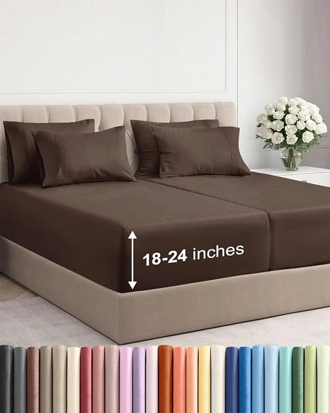 Consistent Extra Deep Split King Sheet Set – 7 Piece Breathable and Cooling Sheets – Hotel Luxury Bedding for Women Men Kids amp Teens – Easy Secure Fit – Soft Wrinkle amp Comfy – Extra Deep Pockets – Brown Detailed